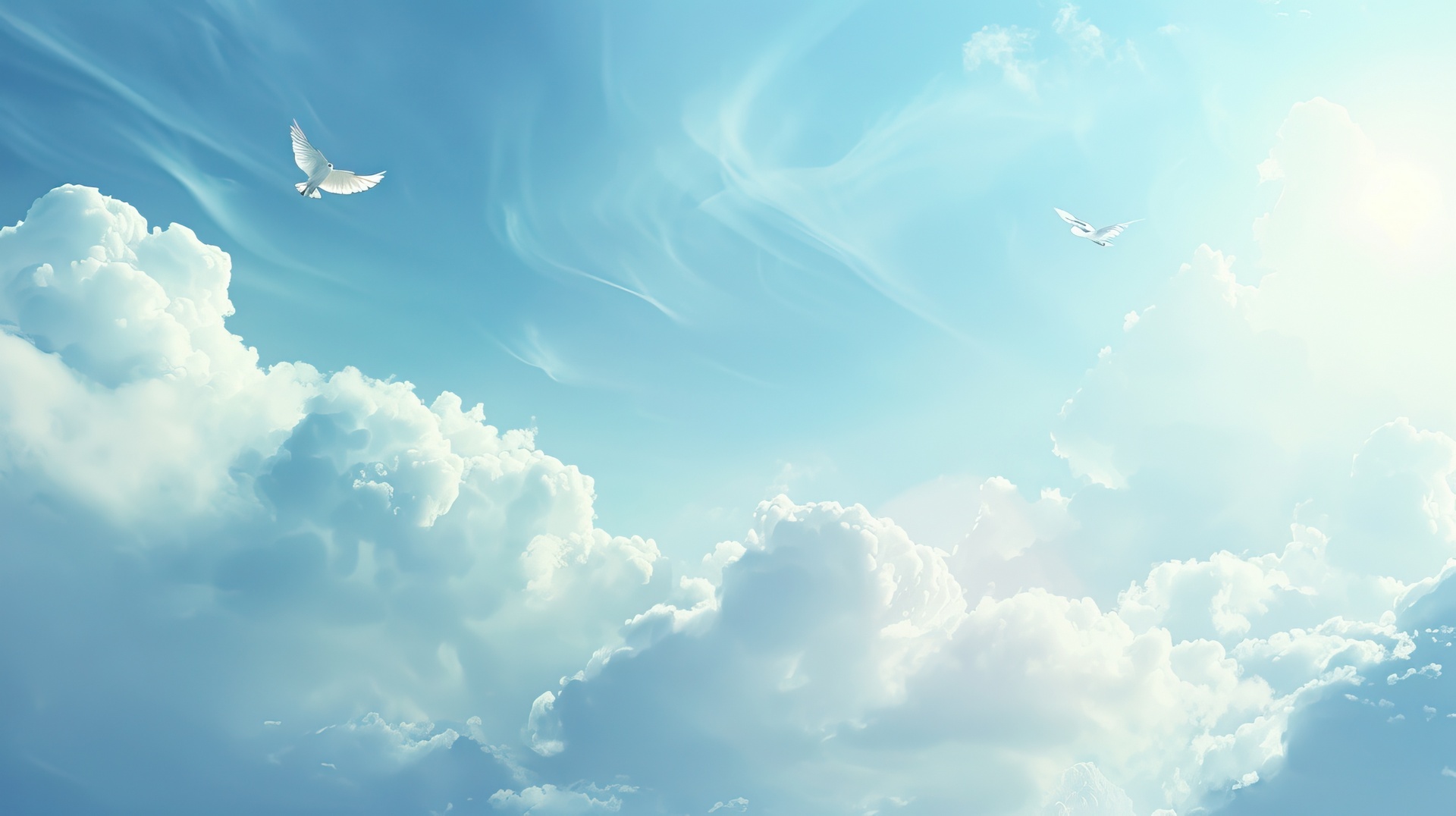 Blauer Himmel mit weissen Wolken und weissen Tauben